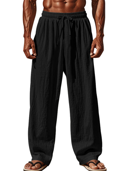 Pantalones ligeros de lino para hombre con cintura elástica y corte relajado, ideales para vacaciones de verano en la playa o uso casual