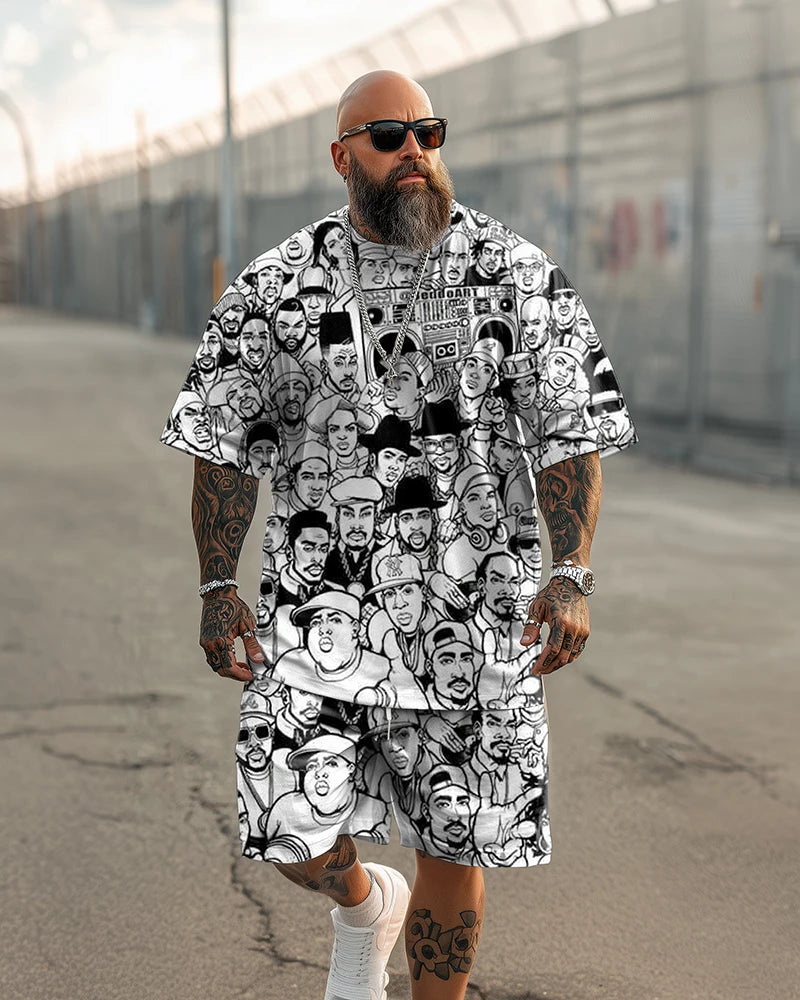 Traje casual de verano para hombre de talla grande - Camiseta de manga corta y pantalones cortos con estampado de leyendas del hip-hop, conjunto de dos piezas