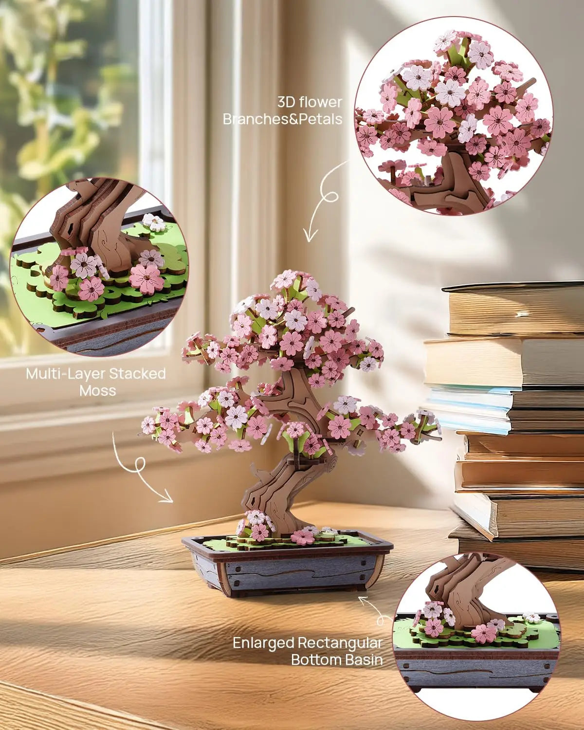 Robotime Rolife 3D Rompecabezas de Madera de Bonsái de Sakura Fácil Montaje Kit de Bonsái de Pino de Hoja Perenne Regalo de Navidad para la Familia Decoración del Hogar