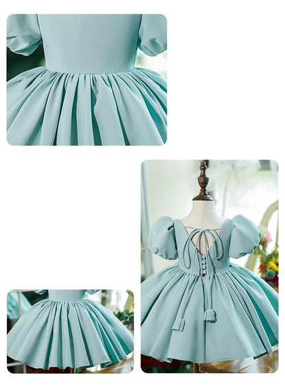Nuevo vestido de fiesta de cumpleaños para niña con mangas de burbuja de color sólido, vestido de princesa para anfitriona infantil, vestido de boda floral abullonado para niños