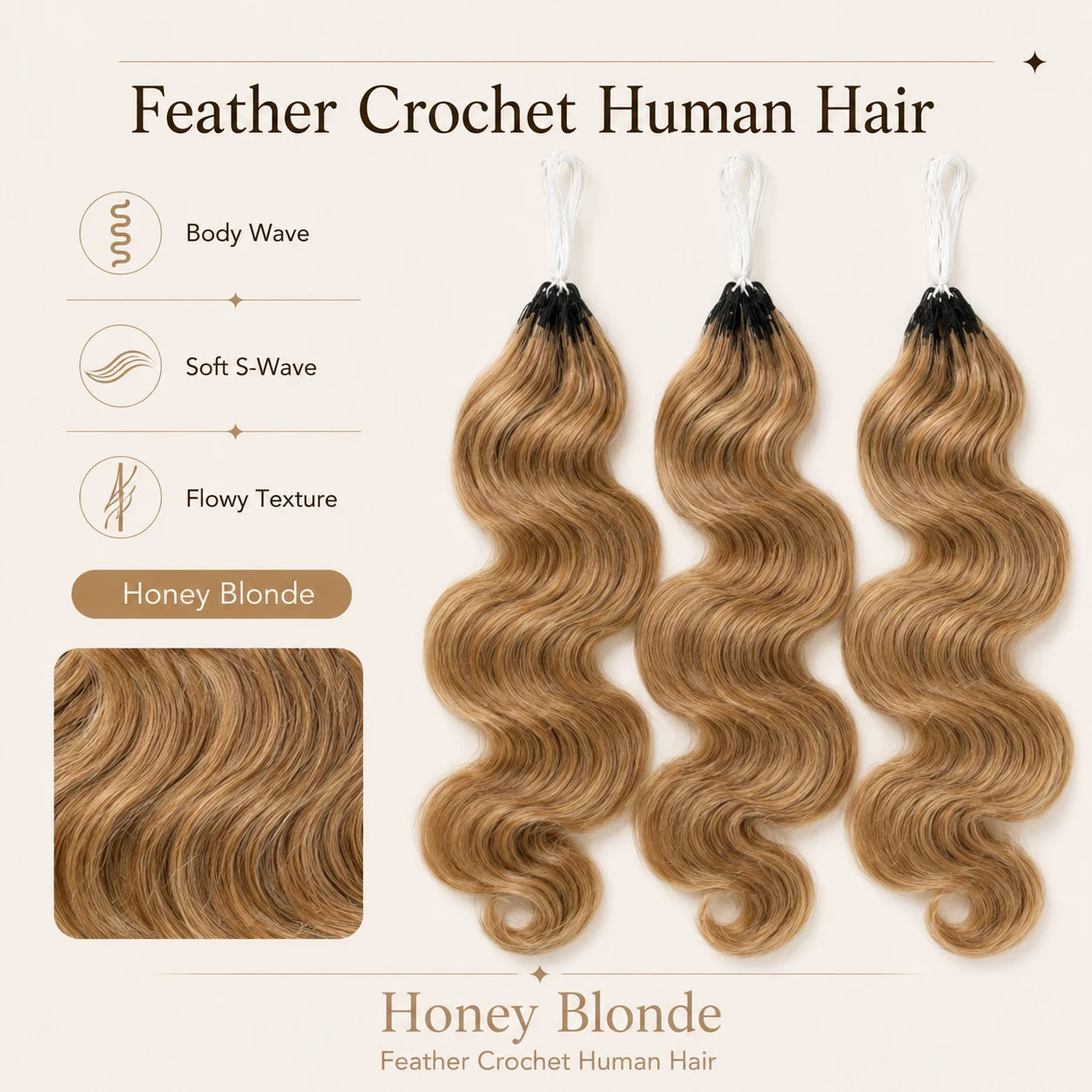 Honey Blonde Highlight Body Wave Crochet Human Hair Pre-Separated Invisble Miracle Knot Braids Feather Crochet Hair Extensions