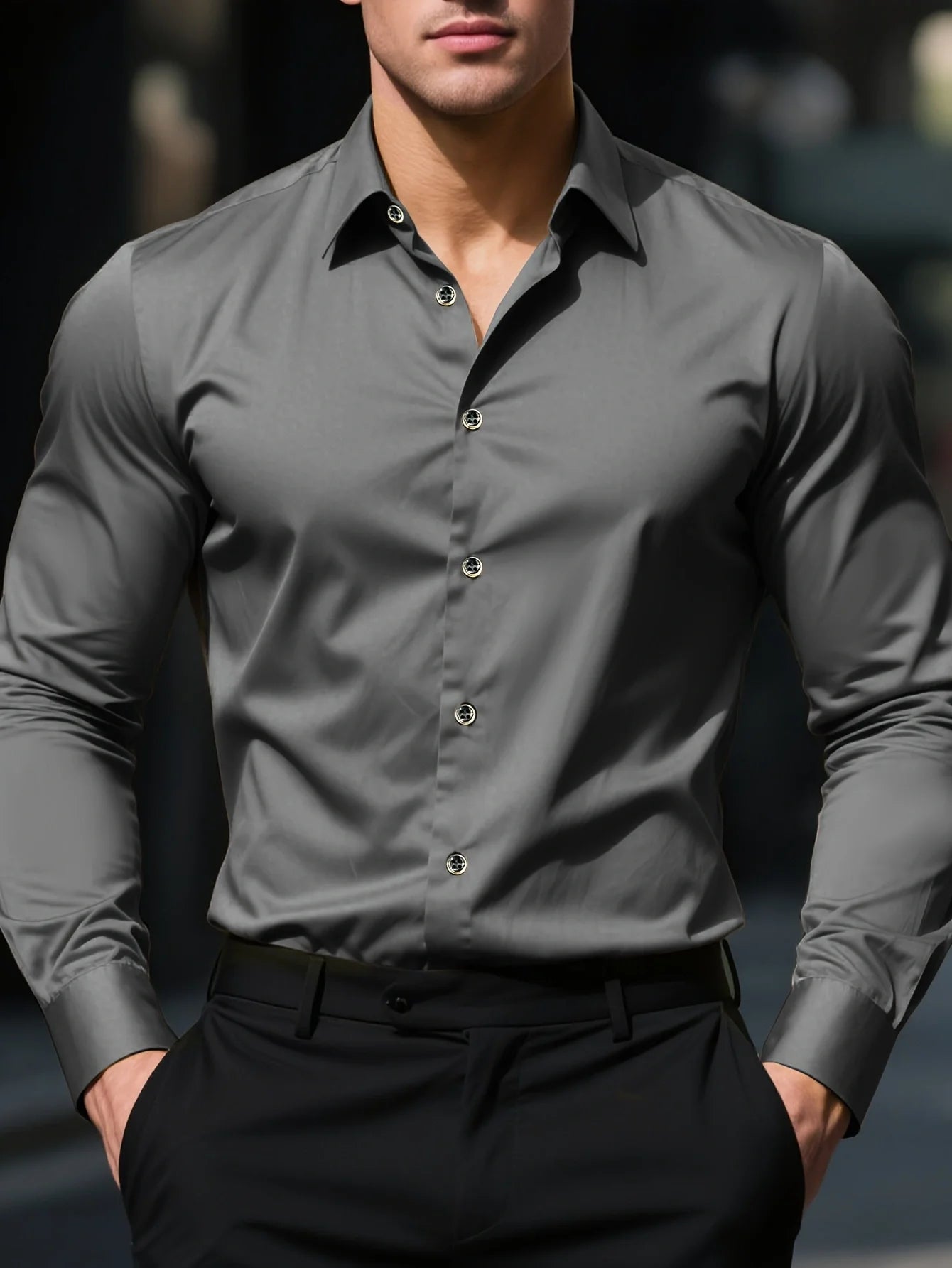Camisas de negocios para hombre elásticas para las cuatro estaciones, de manga larga, de color sólido, elegantes, informales, de la marca 2025