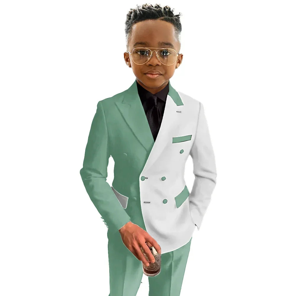 Traje de niño blanco y azul real, conjunto de 2 piezas, esmoquin para fiesta de moda y boda, blazer para niños de 3 a 16 años, ropa de doble botonadura