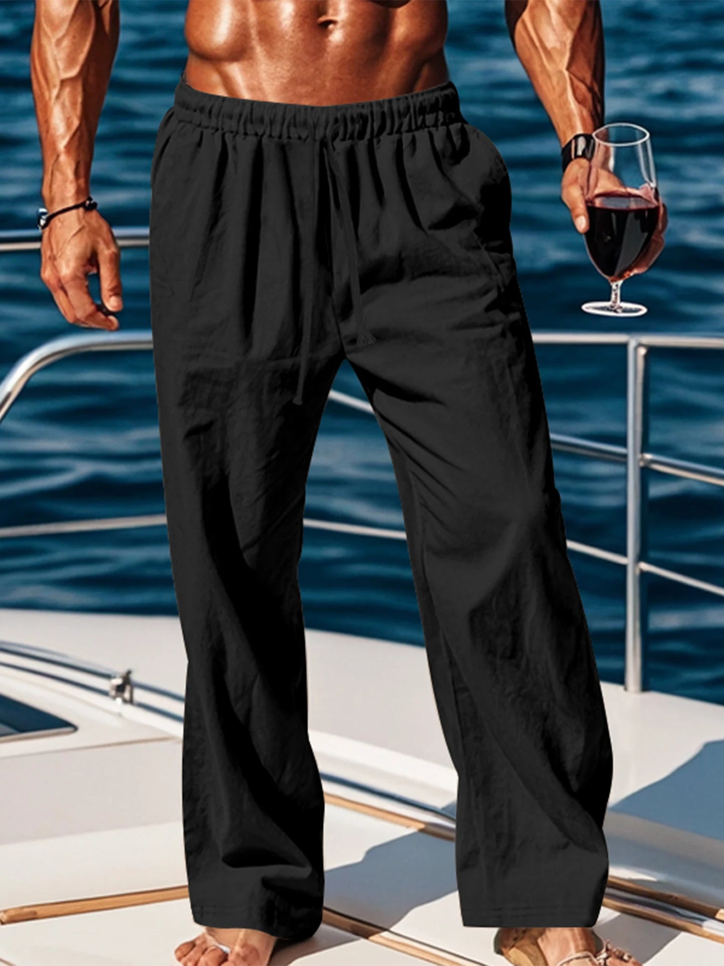 Pantalones ligeros de lino para hombre con cintura elástica y corte relajado, ideales para vacaciones de verano en la playa o uso casual