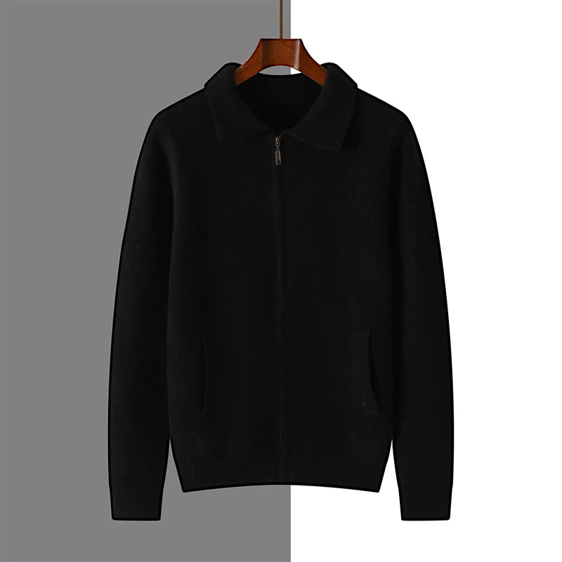 Suéter 100% Lana Merino para Hombre, Cuello Polo, Cierre de Cremallera, Cártigan de Negocios, Chaqueta de Cachemira, Tejido para Otoño Invierno