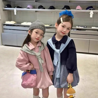 2025 Corea Niñas Bebé Vestido Verano Primavera Otoño Cuadros Retazos Vestidos Casuales Moda Niños Ropa Vestidos
