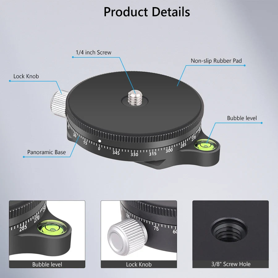 VICELK Leveling Base Tripod Head+360° Panoramic Pan Base for Macro Panoramic Photography with +/-5 Degree Precision Adjustment