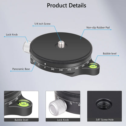 VICELK Leveling Base Tripod Head+360° Panoramic Pan Base for Macro Panoramic Photography with +/-5 Degree Precision Adjustment