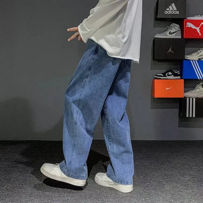 Nuevos pantalones vaqueros coreanos holgados para hombre, de calle, rectos, de mezclilla, de pierna ancha, Hip Hop, holgados, azul claro, gris, negro