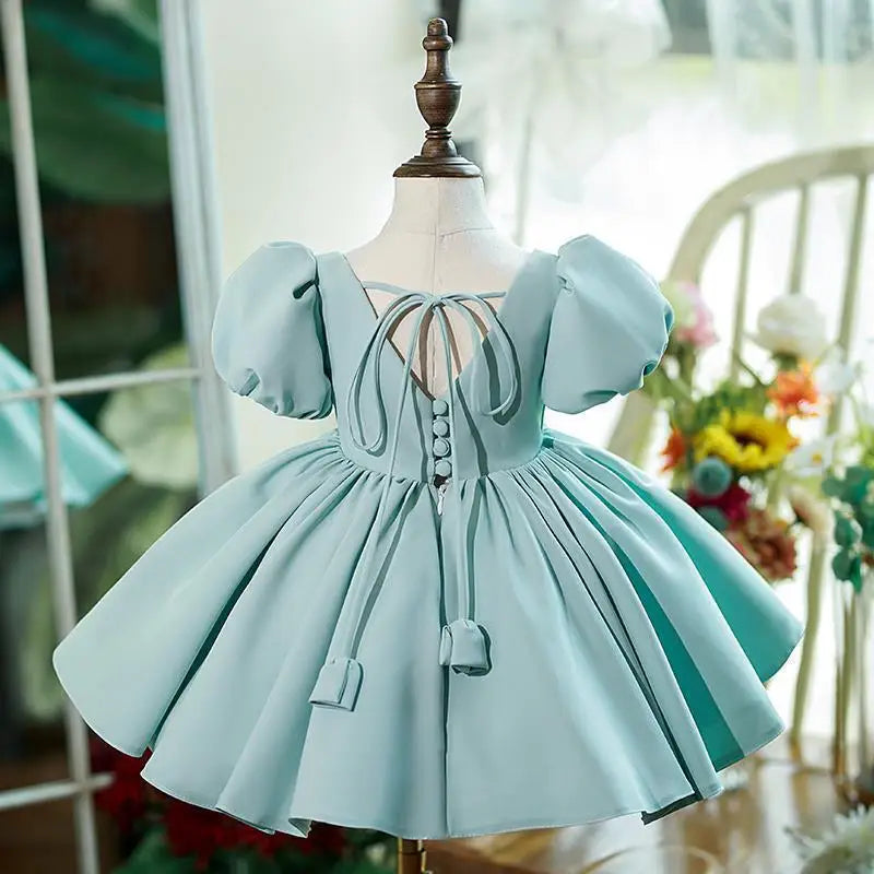 Nuevo vestido de fiesta de cumpleaños para niña con mangas de burbuja de color sólido, vestido de princesa para anfitriona infantil, vestido de boda floral abullonado para niños