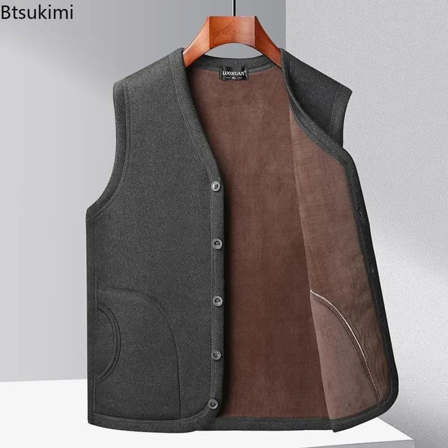 2026 Men's Autumn Winter Fashion V-neck Thickened Plus Velves Warm Vest Man Sleeveless Jackets Solid Slim Casual Waistcoat Male