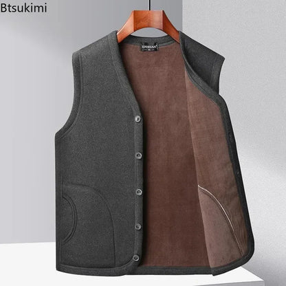 2026 Men's Autumn Winter Fashion V-neck Thickened Plus Velves Warm Vest Man Sleeveless Jackets Solid Slim Casual Waistcoat Male
