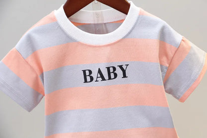 Ropa de verano para niños, camisetas informales de algodón a rayas, pantalones cortos, conjunto de 2 piezas, atuendo infantil para niños pequeños, chándales de 0 a 5 años