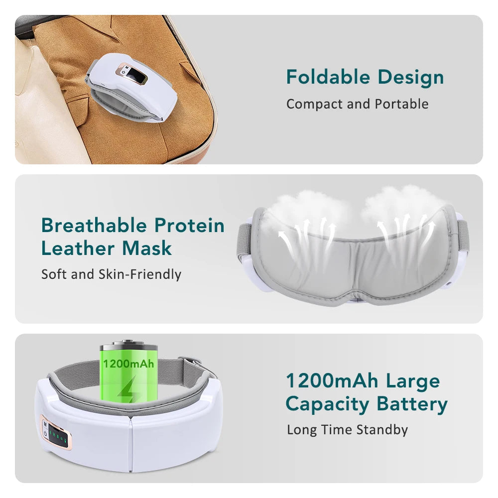 Masajeador ocular eléctrico Compresa caliente Alivio del estrés Calefacción Vibración Masaje Conectar música Relajación Cuidado ocular plegable Gafas inteligentes
