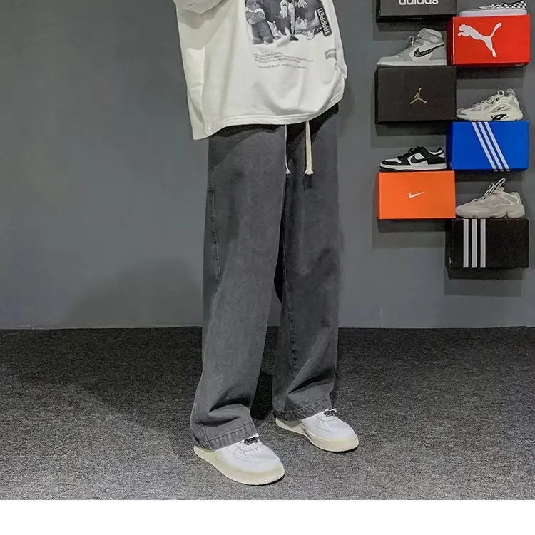 Nuevos pantalones vaqueros coreanos holgados para hombre, de calle, rectos, de mezclilla, de pierna ancha, Hip Hop, holgados, azul claro, gris, negro