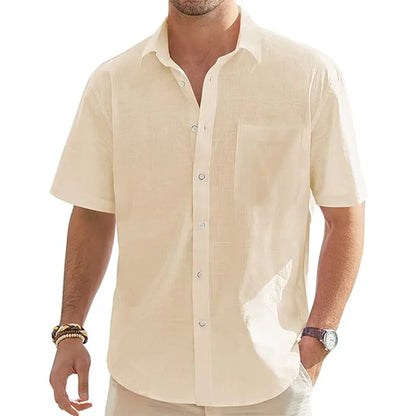 New Men's Shirts Cotton Linen Short-sleeved Single-breasted Shirts Men's Holiday Beach Shirts Streetwear Solid Colour Tops