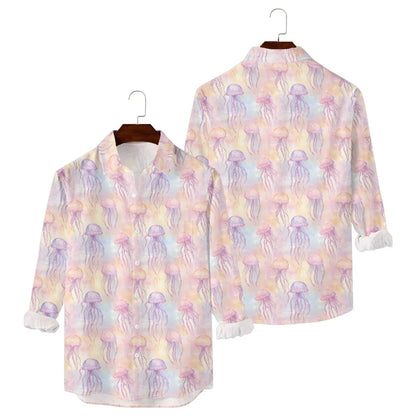 Hawaiian Men Shirts Fish Swarm Fishbone Print Full Sleeve Casual Button Up Beach Parties Travel Poolside Ocean Punk Fusion Shirt