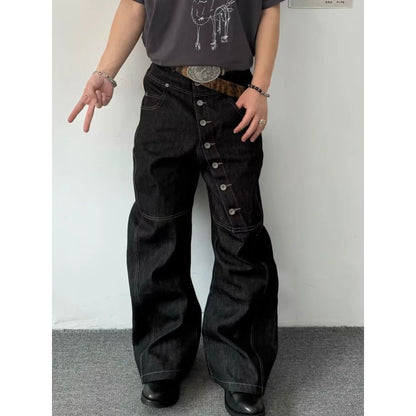 American Retro Long Row Button Design Jeans Men's High Street Loose Wide Leg Floor-Length Trousers Trendy Straight Leg Jeans