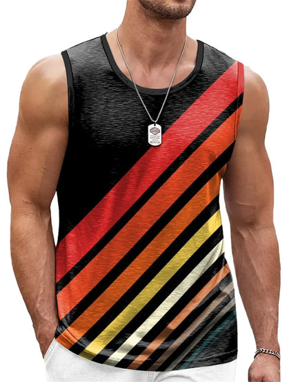 Camisetas sin mangas con estampado de rayas retro para hombre, estilo casual de verano sin mangas con estampado 3D, chaleco suelto de secado rápido, transpirable