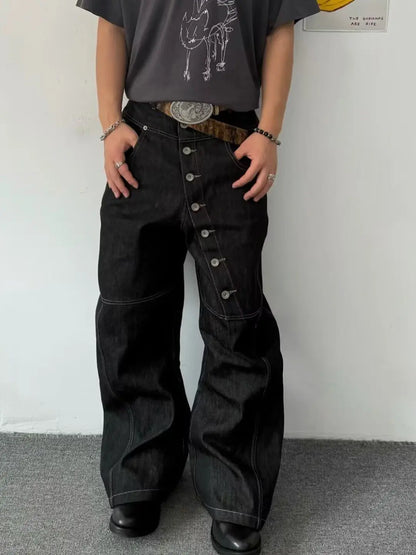 American Retro Long Row Button Design Jeans Men's High Street Loose Wide Leg Floor-Length Trousers Trendy Straight Leg Jeans