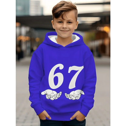 Ropa infantil Sudadera con capucha divertida con el número "67" para niños, sudadera informal deportiva de manga larga con capucha y tops para niños