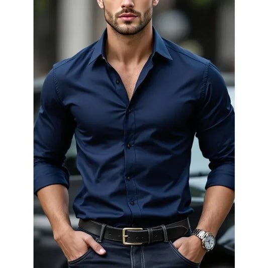Camisas de negocios para hombre elásticas para las cuatro estaciones, de manga larga, de color sólido, elegantes, informales, de la marca 2025