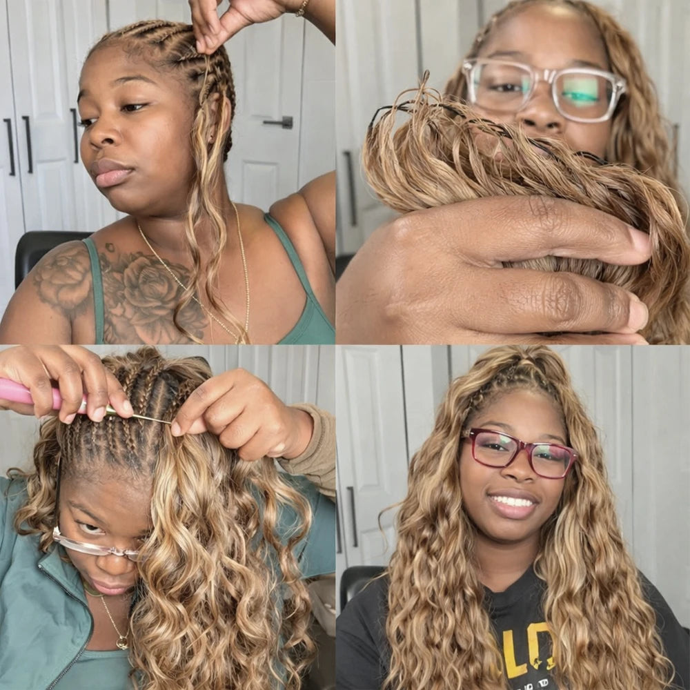 Honey Blonde Highlight Body Wave Crochet Human Hair Pre-Separated Invisble Miracle Knot Braids Feather Crochet Hair Extensions