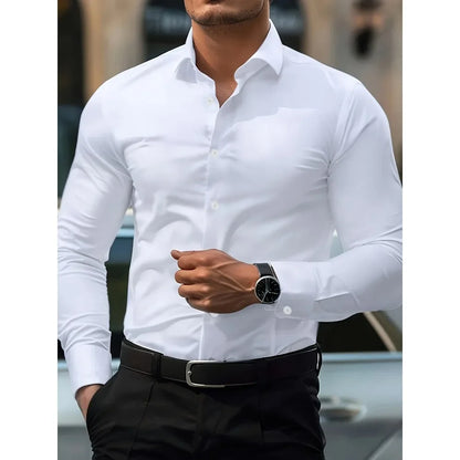 Camisas de negocios para hombre elásticas para las cuatro estaciones, de manga larga, de color sólido, elegantes, informales, de la marca 2025