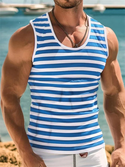 Camisetas sin mangas con estampado de rayas retro para hombre, estilo casual de verano sin mangas con estampado 3D, chaleco suelto de secado rápido, transpirable