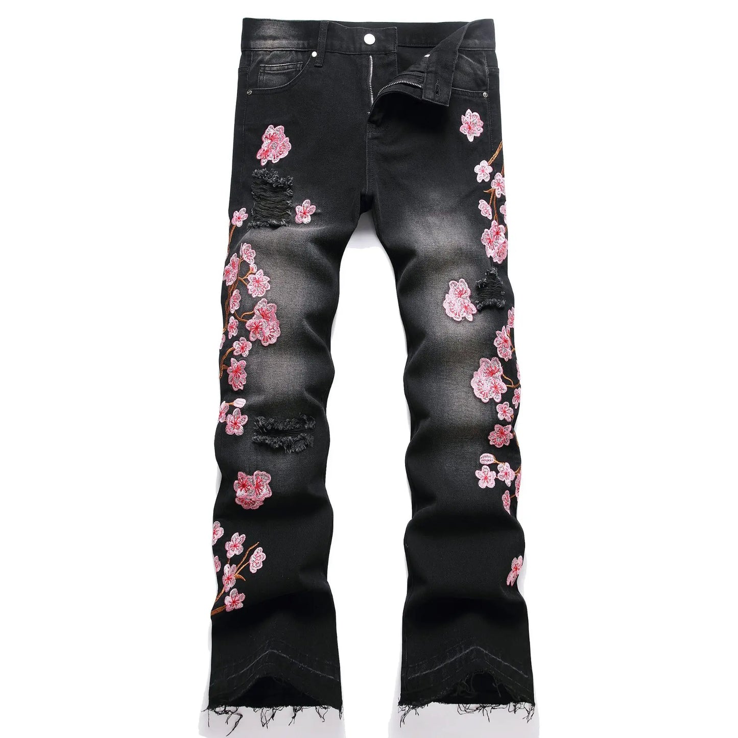 Vaqueros rotos de hombre de moda con parches de bordado floral, vaqueros acampanados desgastados de estilo urbano de tendencia