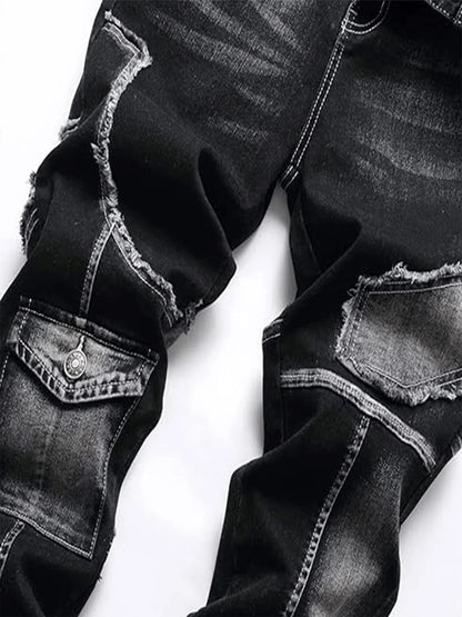 Mid-high waist fringed jeans, street style, solid color, suitable for all seasons.