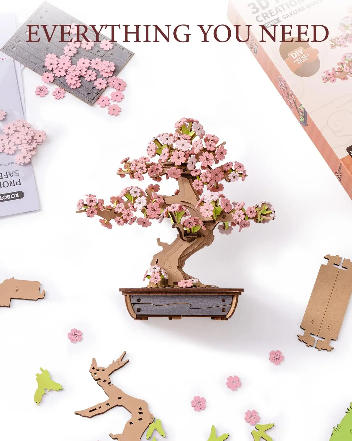 Robotime Rolife 3D Rompecabezas de Madera de Bonsái de Sakura Fácil Montaje Kit de Bonsái de Pino de Hoja Perenne Regalo de Navidad para la Familia Decoración del Hogar