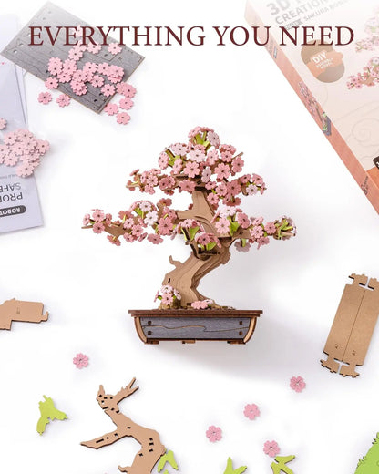 Robotime Rolife 3D Rompecabezas de Madera de Bonsái de Sakura Fácil Montaje Kit de Bonsái de Pino de Hoja Perenne Regalo de Navidad para la Familia Decoración del Hogar