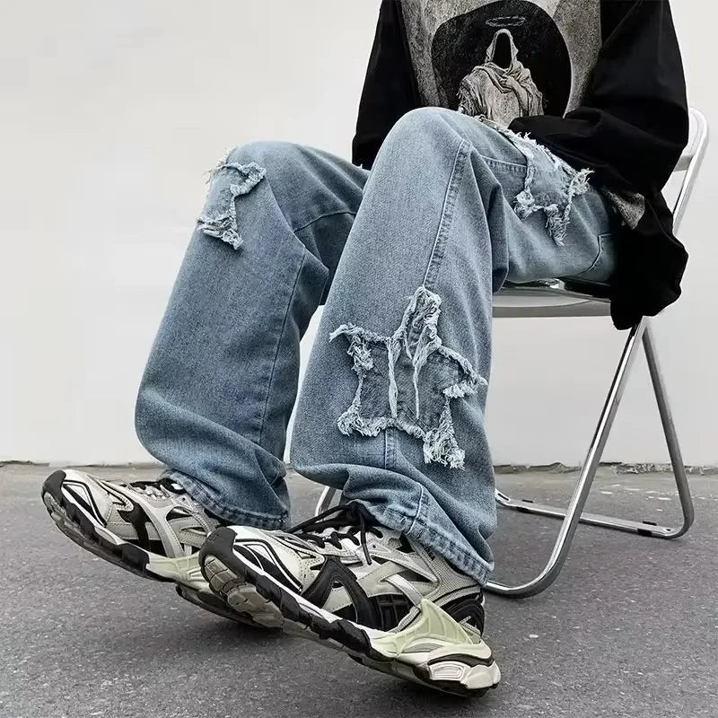 Pantalones de mezclilla marrones 2025 New Fashion Stars Towel Embroidery para hombre Y2K Ropa Pantalones rectos de algodón Hip Hop Pantalones de hombre