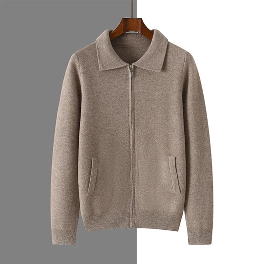 Suéter 100% Lana Merino para Hombre, Cuello Polo, Cierre de Cremallera, Cártigan de Negocios, Chaqueta de Cachemira, Tejido para Otoño Invierno