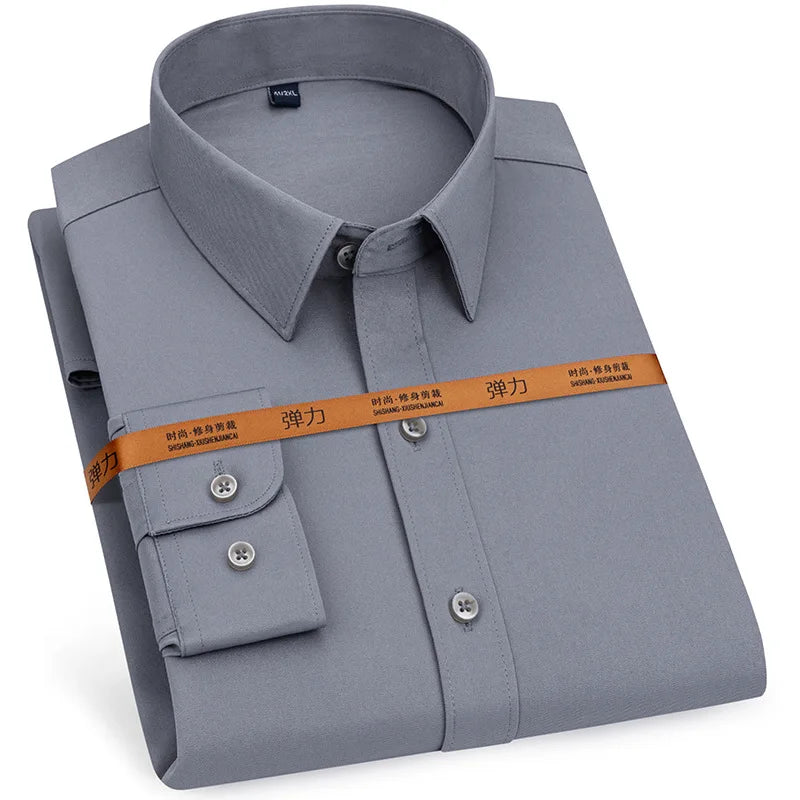 Camisa de vestir de hombre nueva manga larga delgada sin planchado negocios casual ajustada moda transpirable alta calidad color sólido