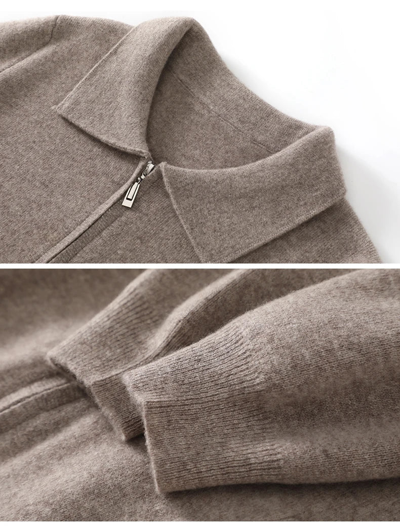 Suéter 100% Lana Merino para Hombre, Cuello Polo, Cierre de Cremallera, Cártigan de Negocios, Chaqueta de Cachemira, Tejido para Otoño Invierno