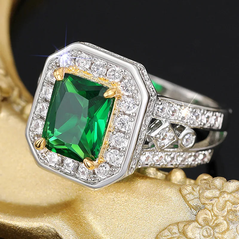 European and American Anniversary Couple Gift: European and American New Geometric Ring Luxury Green Zircon Accessory