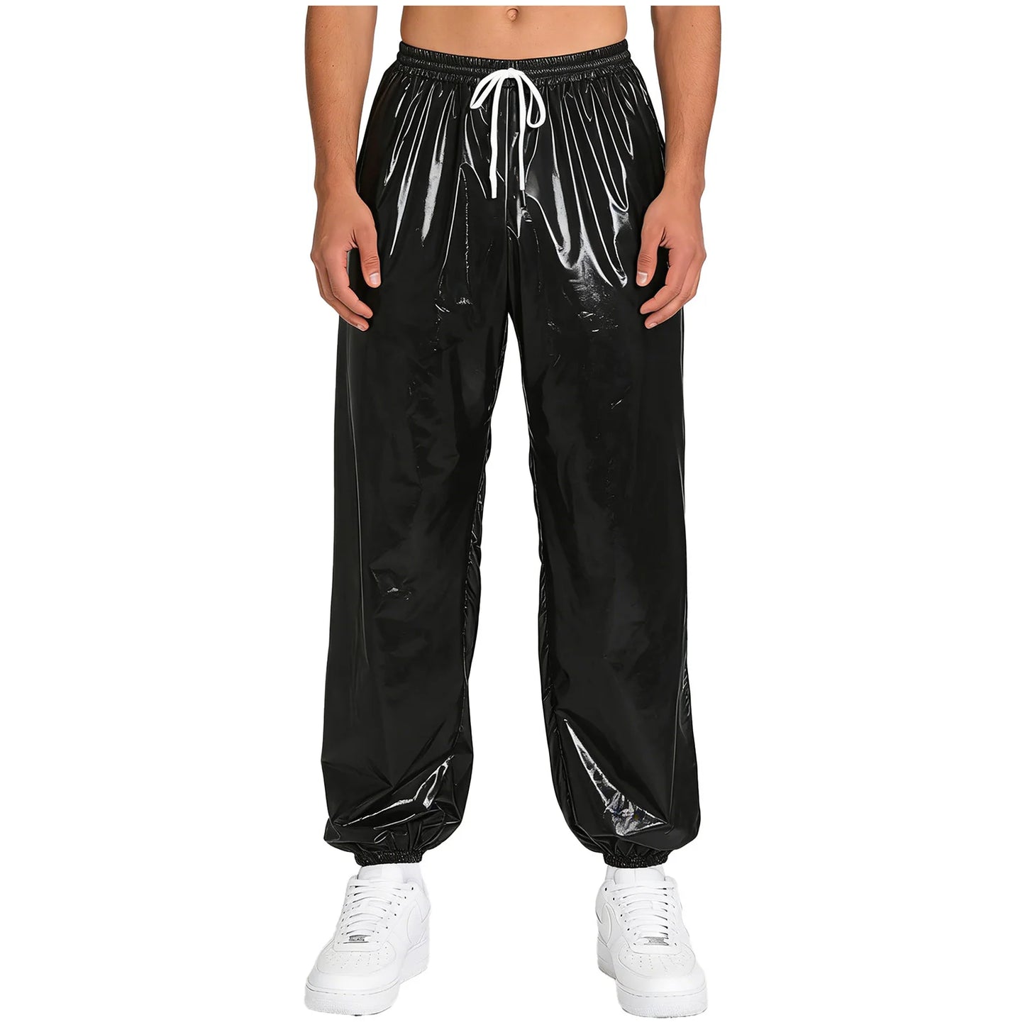 Pantalones Holgados Brillantes para Hombre Y2K con Cordón en la Cintura, Elástico en la Cintura, Bolsillos Laterales, Pantalones de Chándal Holgados y Brillantes, Disfraces de Hip Hop