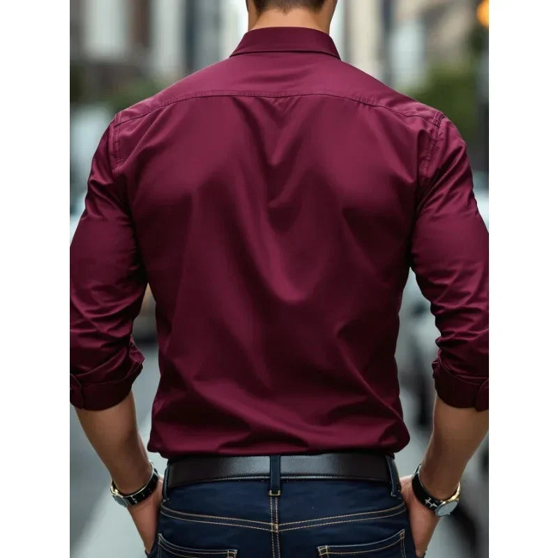 Camisas de negocios para hombre elásticas para las cuatro estaciones, de manga larga, de color sólido, elegantes, informales, de la marca 2025