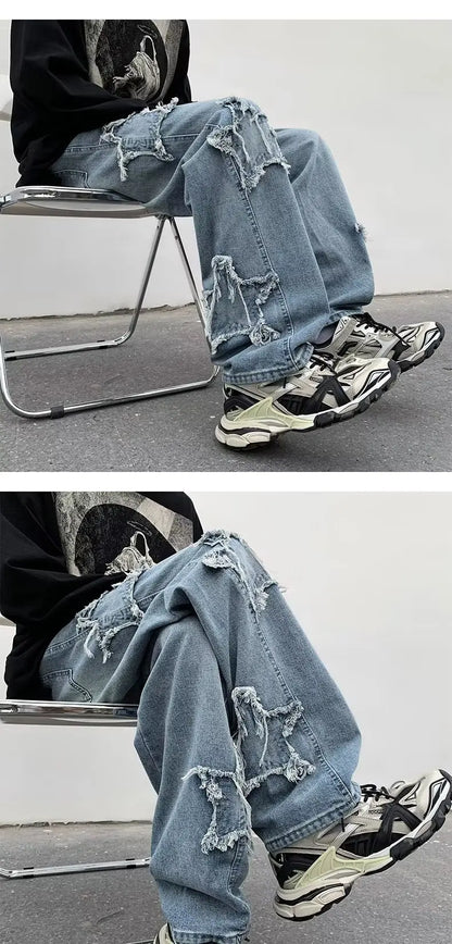 Pantalones de mezclilla marrones 2025 New Fashion Stars Towel Embroidery para hombre Y2K Ropa Pantalones rectos de algodón Hip Hop Pantalones de hombre