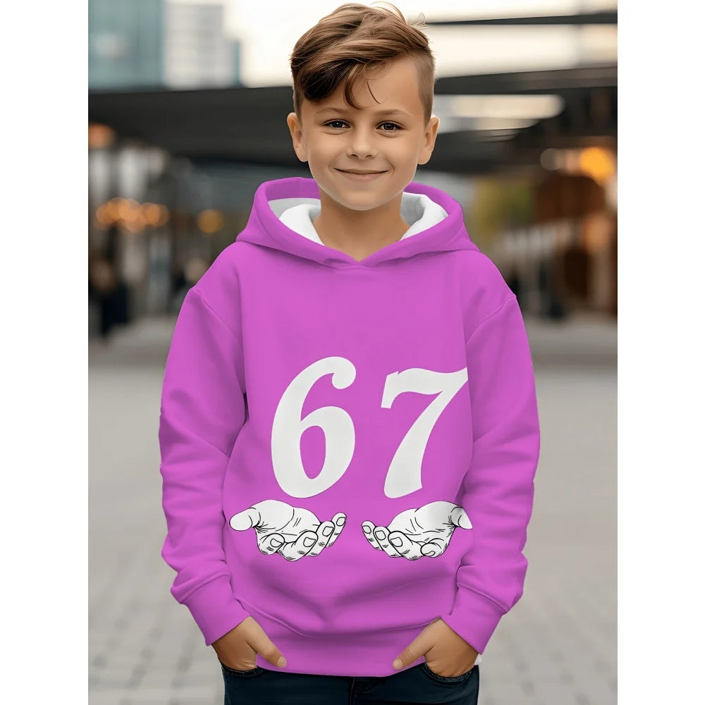 Ropa infantil Sudadera con capucha divertida con el número "67" para niños, sudadera informal deportiva de manga larga con capucha y tops para niños