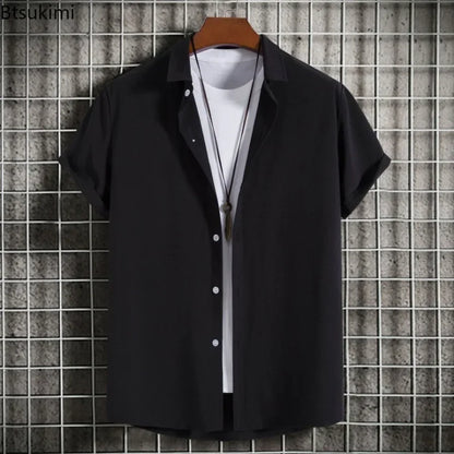Nuevas camisas de manga corta para hombre, moda, lisas, informales, cárdigan con solapa, tops para hombre, blusa cómoda de un solo botón, camisas de playa de verano