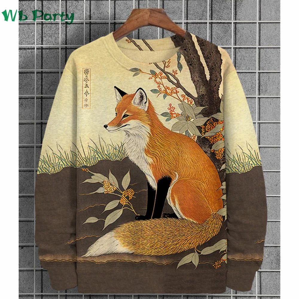 Fashion Animal Print Men's Clothing 3D Print Ukiyo-E Men's Long Sleeve T-shirt Animal Graphic T shirts Round Neck Mens Clothes