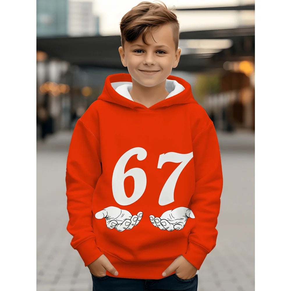 Ropa infantil Sudadera con capucha divertida con el número "67" para niños, sudadera informal deportiva de manga larga con capucha y tops para niños