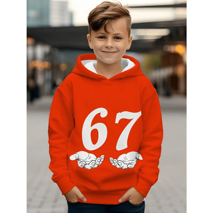 Ropa infantil Sudadera con capucha divertida con el número "67" para niños, sudadera informal deportiva de manga larga con capucha y tops para niños