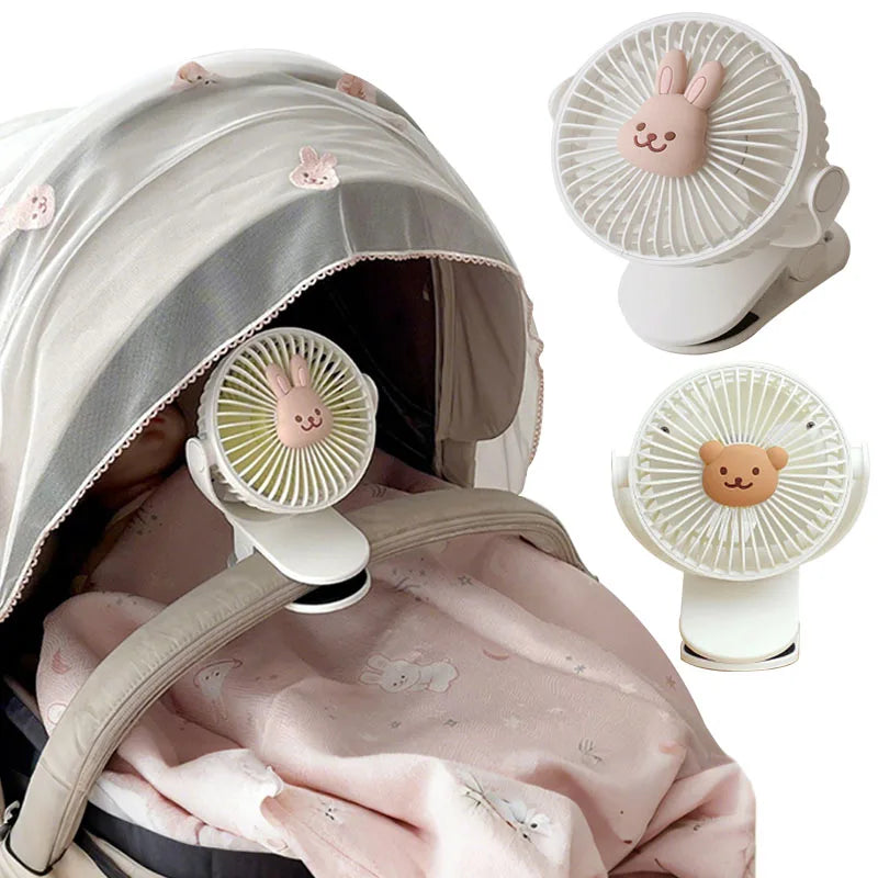 Ventiladores coreanos para cochecitos de bebé, ventilador portátil de clip para exteriores, lindo oso, conejo, ventilador eléctrico de mano recargable para el hogar, 3 velocidades