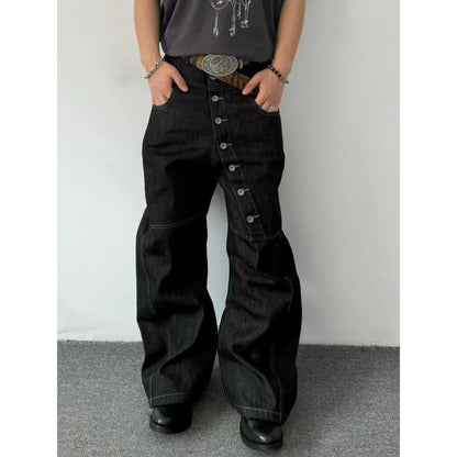 American Retro Long Row Button Design Jeans Men's High Street Loose Wide Leg Floor-Length Trousers Trendy Straight Leg Jeans