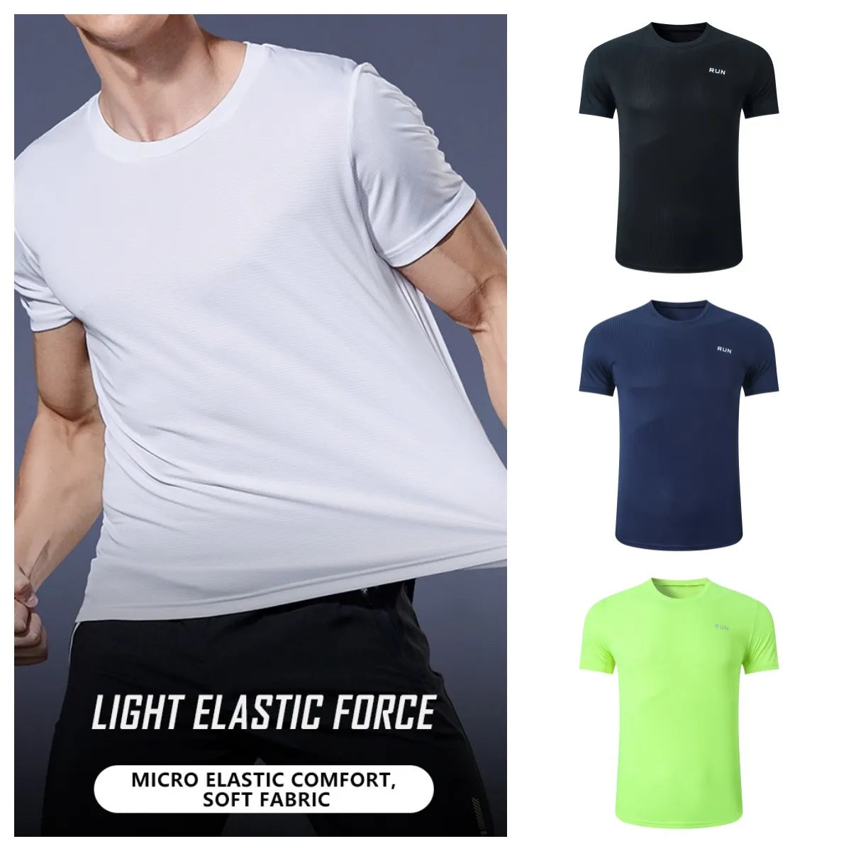 Camiseta de verano elástica para hombre, transpirable, de seda helada, de manga corta, casual, de secado rápido, para gimnasio, correr, ropa masculina