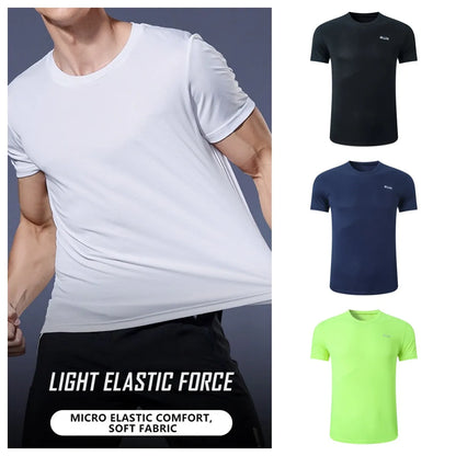 Camiseta de verano elástica para hombre, transpirable, de seda helada, de manga corta, casual, de secado rápido, para gimnasio, correr, ropa masculina